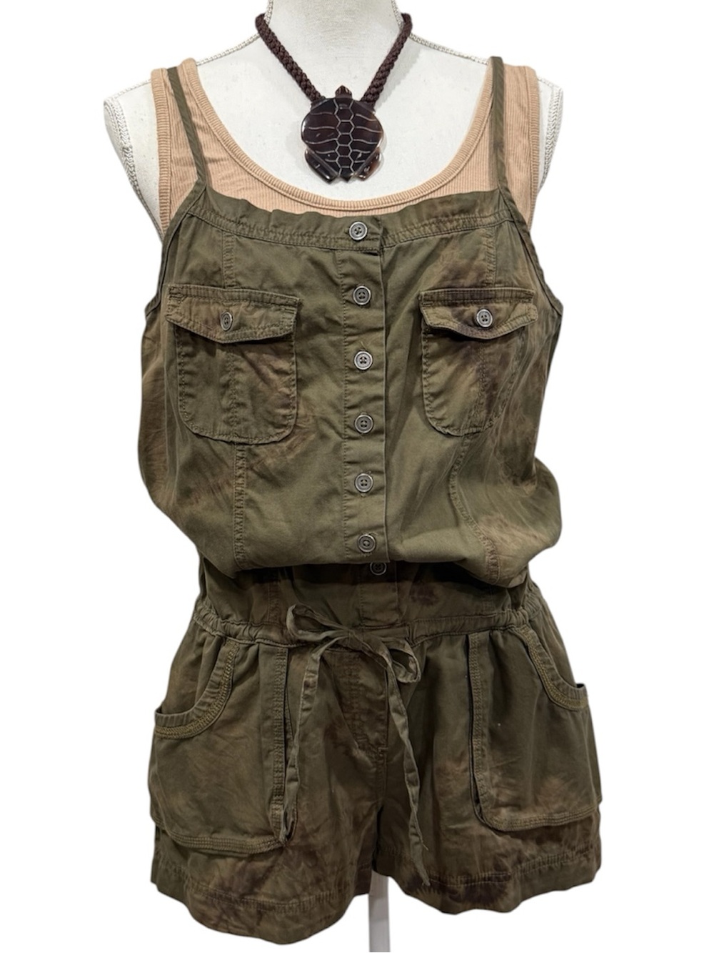 Mudd Khaki Button Front Tie Waist Tie Dye Romper
